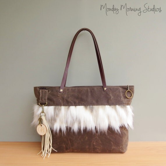waxed canvas rain Fur Bag, Canvas Waxed Boho Personalized with Faux Tote Womens Accent