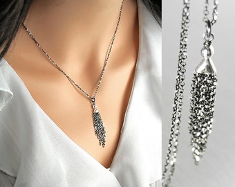 Dainty Silver Chain Tassel Necklace Black Oxidized Sterling Silver Simple Layering Necklace Delicate Tassel Pendant Everyday Jewelry