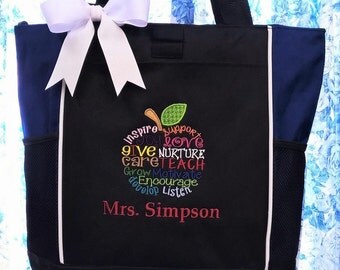 Personalized Teacher Tote Bag Apple Subway Art Lettering with Custom Name