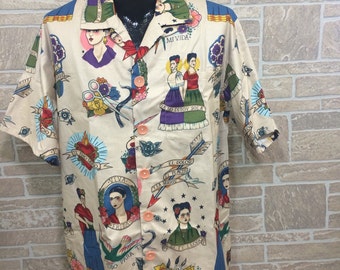 Frida Kahlo mens shirt, Cream Frida Hawaiian shirt, casual friday work shirt, party shirt, dance shirt