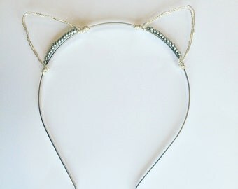 Cat ears headband, silver cat ears, cat ears cosplay headband, womens headband, wire wrapped headband, beaded car ear headband