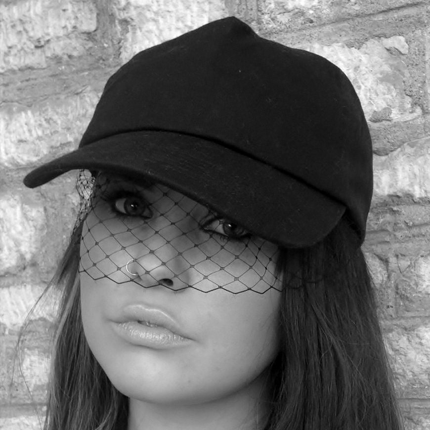 Black baseball cap with veil black hat veiled Rihanna cap and