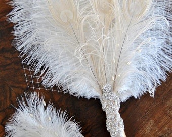Bridal alternative Ostrich Feather Fan Bridal Bouquet Ivory Great Gatsby 1920s Bouquet chic art deco boho wedding groom feathers boutonniere