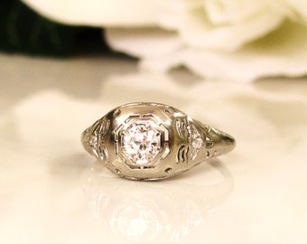 Antique Engagement Ring Old European Cut Diamond Art Deco Engagement Ring 18K White Gold Filigree Diamond Wedding Ring