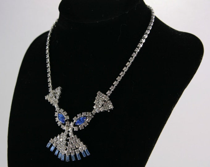 Blue Owl Necklace Clear Paste Rhinestone Necklace 1950s One of a Kind Vintage Rare Great Gatsby Jewelry