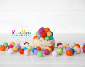 1.5CM - Tiny Wool Felt Balls - Colorful Felt Balls - 1.5CM Felt Balls - (15mm) - 100% Wool Felt Pom Poms- Mix and Match - 25, 50, 75 or 100