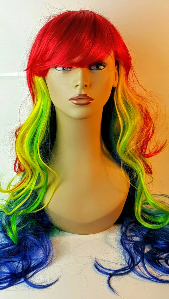 Long Rainbow Wig with Red Side Swept Bangs. A Playful Young