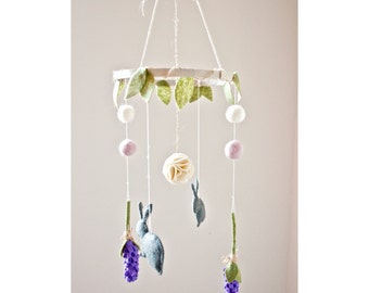 Felt Flower and Bunny Baby Mobile: Garden Party Nursery Decor- Crib Mobile-Custom Colors Available