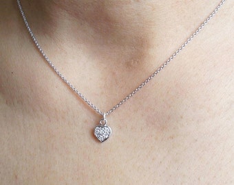 Tiny Silver Crystal Heart Necklace - Dainty Minimal Style Jewelry - Bridesmaids Gift - Simple Elegant Everyday Style Silver Jewelry