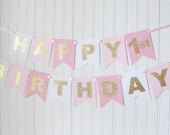 Gold, Pink, White, Ombre, Happy Birthday Banner/ Girl Birthday/ Princess Party/ Party Decorations/ Custom Name/ Personalized