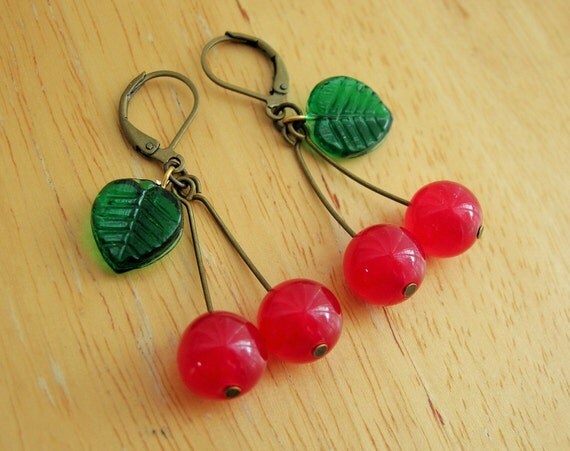 Cherry earrings 1940's inspired with red jade and by SofiasGarden