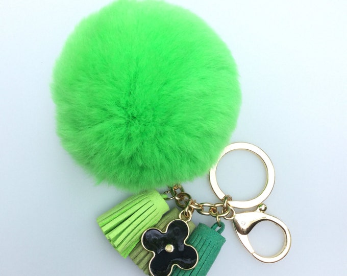 Neon Green Rex Rabbit Fur Pompon bag charm pendant Fur Pom Pom keychain with flower charm and tassels