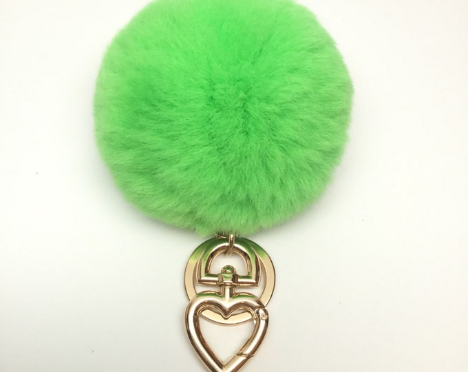 SUMMER SALE Heart Fur Pompom Keychain Rabbit Fur Ball Bag Charm Neon Green