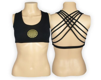 Flower of Life Black Yoga Bra Top - Yantra Criss Cross design workout bra - Athletic bra - sports bra - Hot Yoga Bra - Lycra Cotton Blend