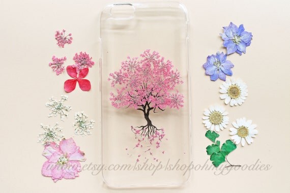 iPhone 6 Case, iPhone 6s Case, iPhone 5 Case, Samsung Galaxy S6 Case, S4 Case, 6s Plus Case, 6 Plus Case, Clear Pressed Flower Case Tree