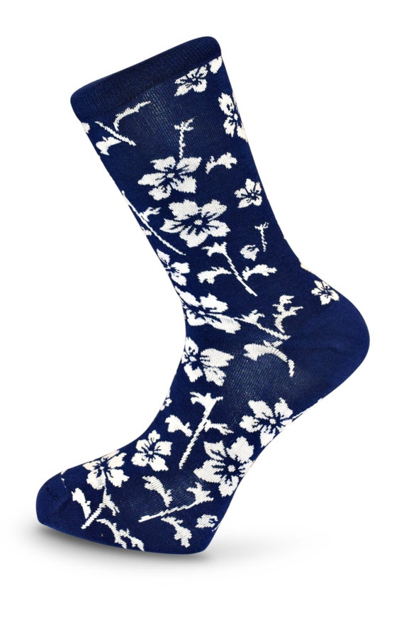 Navy Blue Floral Patterned Mens Socks by by FrederickThomas