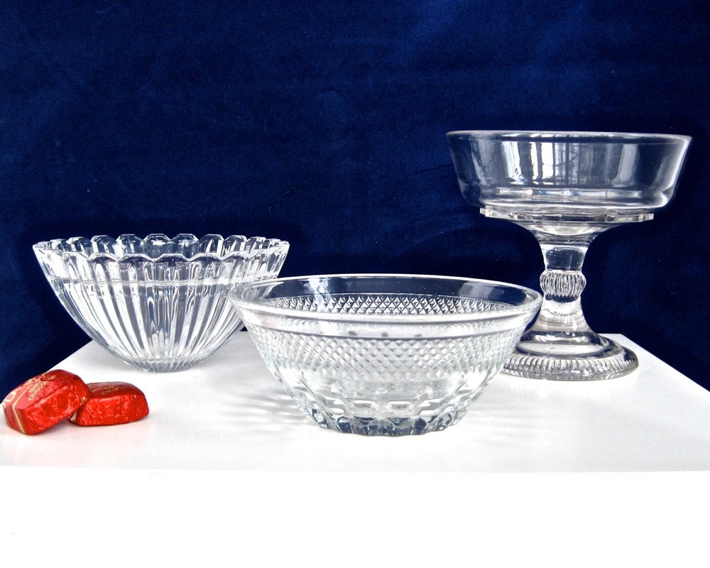 Lot Vintage Clear Glass Bowls x3 Berry Bowl Pedestal Candy