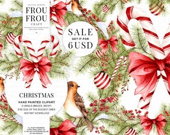 Watercolor Christmas Clipart Xmas Clip Art Winter Birds Wreath Decoration Planner Stickers Illustration Gift For Her Red Bow Greeting Sale