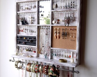 Jewelry holder. Large earrings display shelf. White jewelry storage. wall mounted earring holder. jewelry organizer. earrings storage