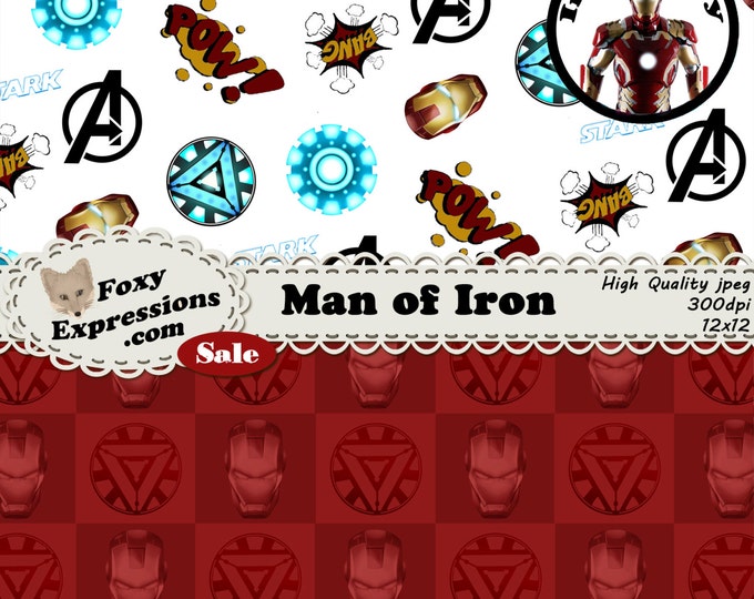 Man of Iron digital paper inspired by Marvel Comics Iron man. Designs include Iron mans colors, Arc Reactor, J.A.V.I.S., Advengers, & more