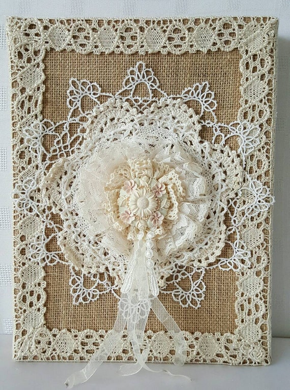 Burlap Canvas Burlap And Lace Decor Shabby by Chiclaceandpearls