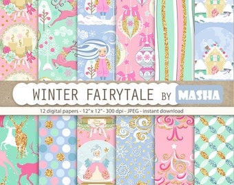 Christmas digital papers: "WINTER FAIRYTALE" with Christmas pattern, winter pattern, reindeer pattern, 12 images, 300 dpi. JPG files