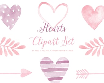 Valentine clipart love watercolor hearts images. Graphics for cards, invitations, scrapbooking, printable. Watercolour clip art pink.