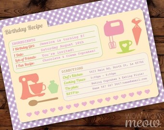 Recipe Card Birthday Party Cookie Bake Invitation INSTANT DOWNLOAD Bakery Pink Cookery Invite Girls Personalize Customize Editable Printable