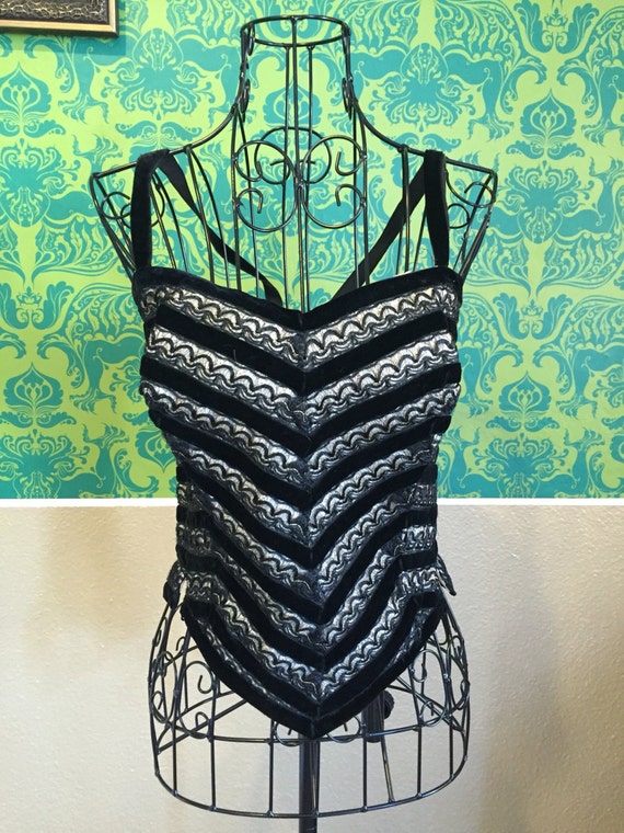 Seductive 1940s Bustier Top Corset by The Spanish Main/ Black Cream Chevron Velvet Western Mae West Movie Costume Steampunk Victorian by SputniksCuriosities steampunk buy now online