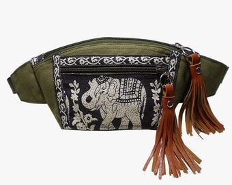 Dark Olive Green Black Elephant/Fanny packs/Boho bag/Thai Bag/ Hip Bag/crossbody bag/Bum bag/Elephant bag/Festival Fanny Pack/BUY3GET1FREE