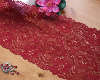 3 Yds Dark Red Lace Trim 7.3" Wide Ribbon Woven Lace Elastic Strech Lace Lingerie Fabric Lace Floral Design Sewing Lace for Craft Project