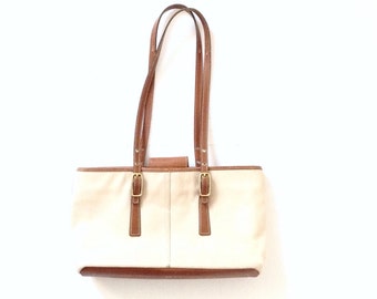 Vintage coach bag. Retro 80's coach bag. Canvas and leather vintage tan coach bag. Made in USA