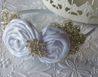 Bridal Headband, Flower Girl Headband, White Rosettes Headband, White Sparkle Headband, Adult headband, Wedding Hair Accesorie