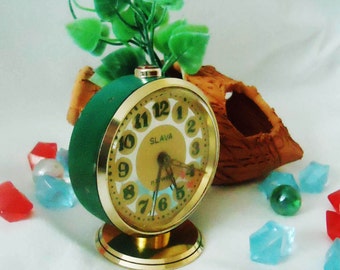 Vintage Alarm Clock ,Soviet Clock, Russian Clock , Mechanical Clock , Dark Green clock , Slava,Vintage Russian Alarm Clock Soviet SLAVA