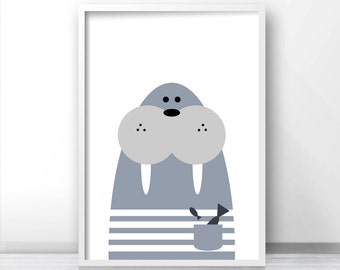 Walrus Nursery Wall Art Printable, Animal Nursery Art, Kids Wall Art, Nursery Print, Kids Print Instant Download, White Blue Nursery Decor