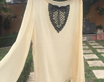 1920s cord bib collar on 1980s silk chiffon blouse