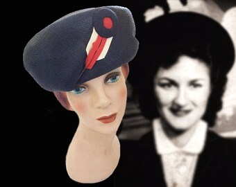 Unique Vintage Navy Blue Designer Hat with Navy,White and Red Embellishments, Circa 1960s, Michael Terre