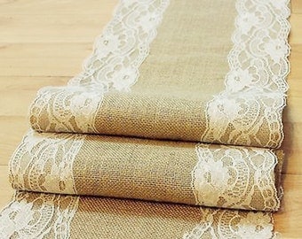 Natural Burlap Table Runner with Lace Wedding Decor Rustic Shabby Chic Hessian Jute Outdoor Party