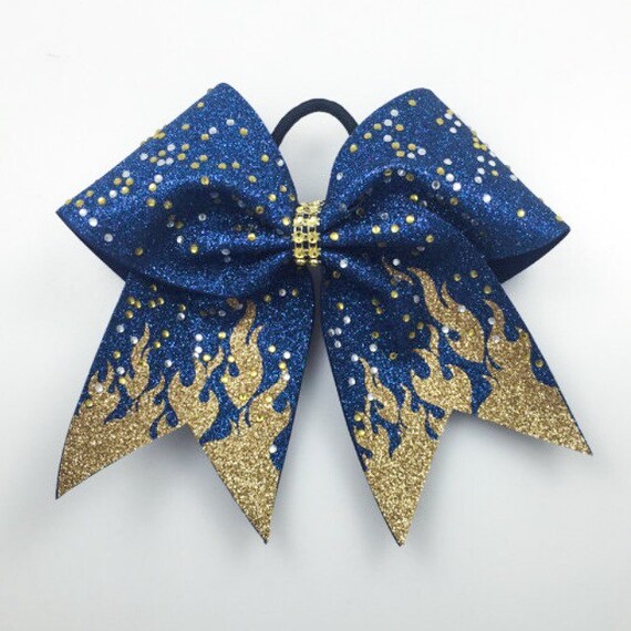 Flame Cheer Bow Custom Navy and Gold Glitter Hair Bow with