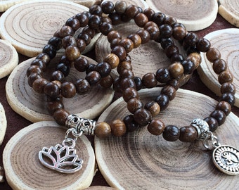 Basic Mala Jewelry,108 Mala Beads Natural,Mala Yoga 108,Healing Wood Brown,Prayer Necklace Mala,Yoga Charm,Om Buddhist Yoga,Lotus Charm