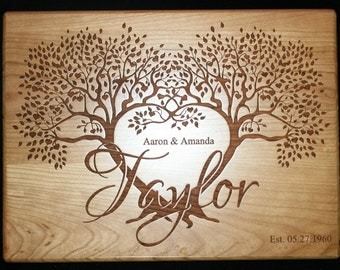 Custom Cutting Board Personalized Wedding Cutting Board , Wedding Gift with 2 Trees that form a Heart - Anniversary Gift, Established Date