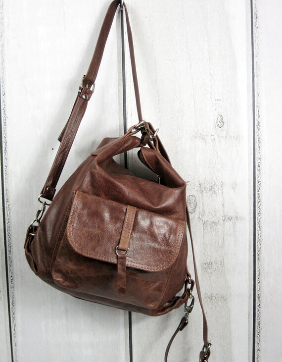 Leather backpack. Homemade leather bag. Leather shoulder bag.