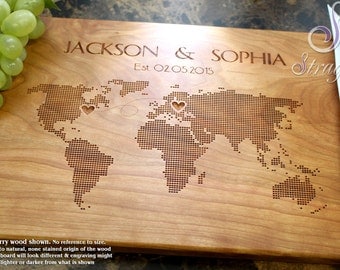 Personalized Cutting Board, Custom Engraved World Map, Wedding Gift, Anniversary Gift, Bride and Groom, Gift for Couple. 605
