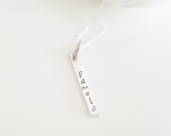 Silver Name Necklace - Sterling Silver - Name Necklace - Handstamped Name on Verticle Bar Necklace