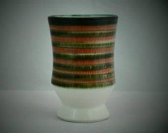 Iden beaker vase (4.25") in white with hand painted bands in green and pink. Dennis Townsend designed 1960s vase from Rye-based pottery