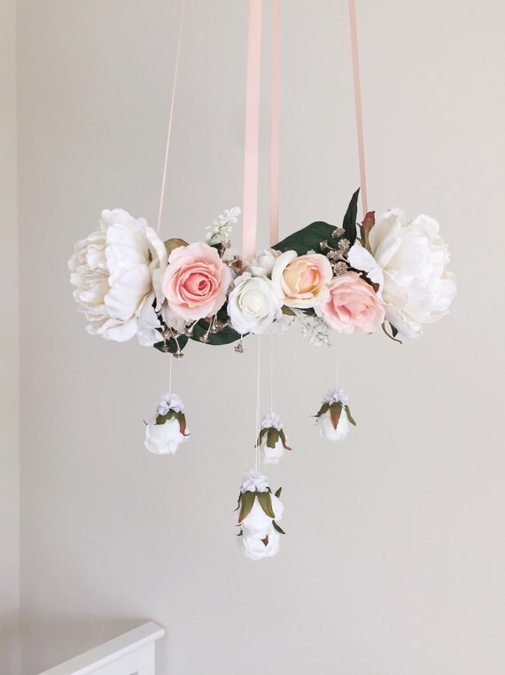 Peach nursery flower mobile peach crib mobile baby by RosyRilli