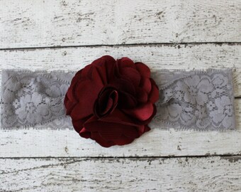 Maroon burgundy baby headband, Texas Aggie baby bow, maroon and gray lace headband