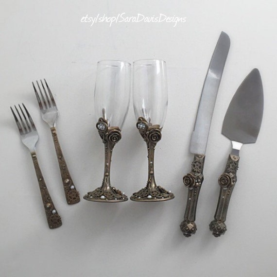 Steampunk Toasting Flute Cake  Server  Set  by SaraDavisDesigns