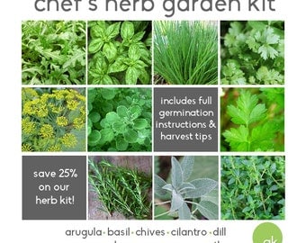 Save 25% - Chef's HERB GARDEN KIT - 10 Seed Types - Arugula, Basil, Chives, Cilantro, Dill, Oregano, Parsley, Rosemary, Sage, Thyme