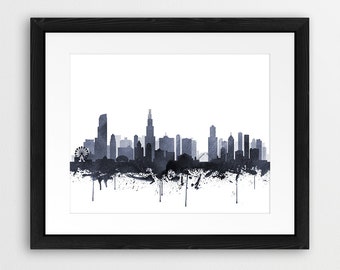 Chicago Skyline Print, Chicago Illinois Cityscape Watercolor Grey Black And White, Modern Wall Art, Home Office Decor, Digital Printable Art